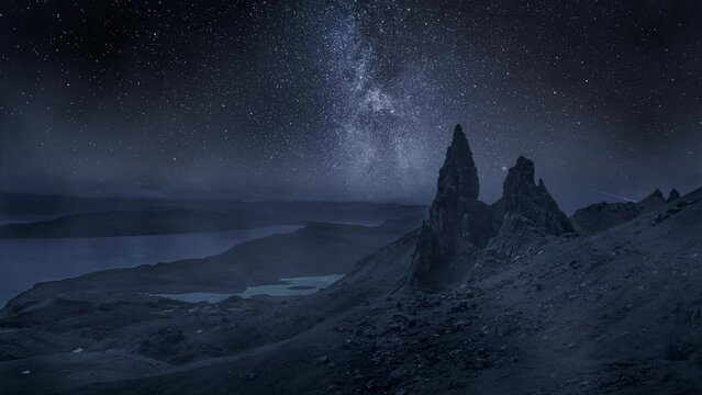 Old Man of Storr and milky way, Scotland, timelapse