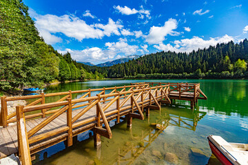 Wooden bridge over lake in Artvin, Türkiye.