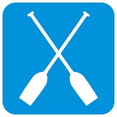 Two crossing paddles on blue background, square frame, vector icon