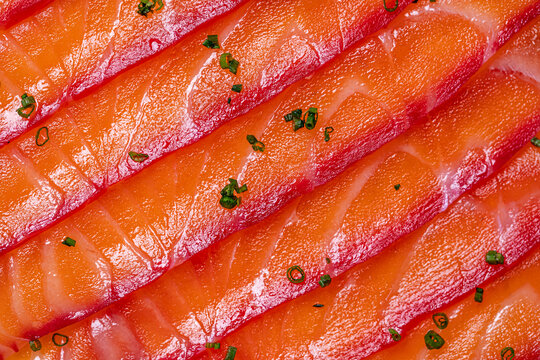Fresh raw salmon fillet with seasonings, Rustic style. selective focus
