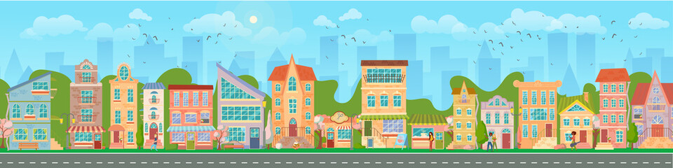 Obraz premium City street. Panoramic cityscape with bright houses, walking pedestrians, flowering trees. Shop and stores. Spring city. Vector illustration in cartoon style.