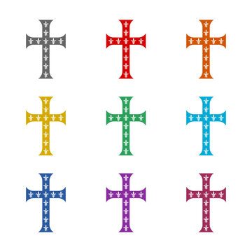 Fleur De Lis Cross Icon Isolated On White Background. Set Icons Colorful