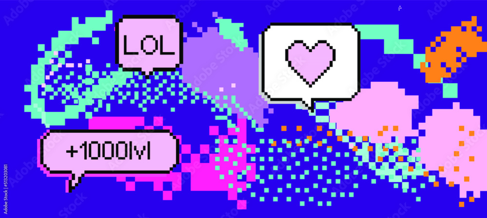 Poster Trendy vaporwave background with pixel art chaotic composition. Concept of a glitchy computer screen.