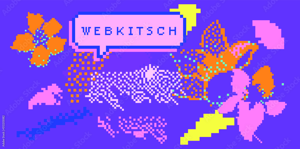Poster Trendy vaporwave background with pixel art chaotic composition. Concept of a glitchy computer screen.
