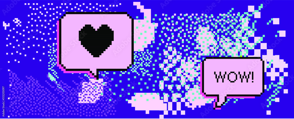 Poster trendy vaporwave background with pixel art chaotic composition. concept of a glitchy computer screen