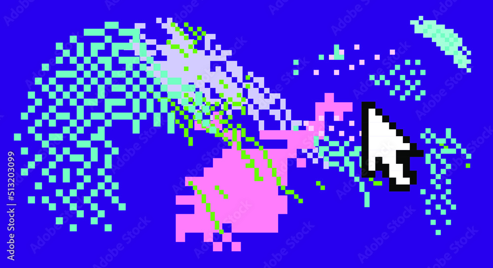 Poster trendy vaporwave background with pixel art chaotic composition. concept of a glitchy computer screen