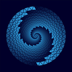 Blue color triangles in circle spiral as background or icon, logo, tattoo. Triangles is with one color and different transparency.