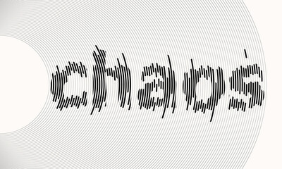 Word "Chaos" over lines in circle. Chaotic text for T-Shirt pattern.
