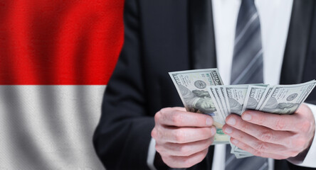 Hands holding dollar money on flag of Principality of Monaco