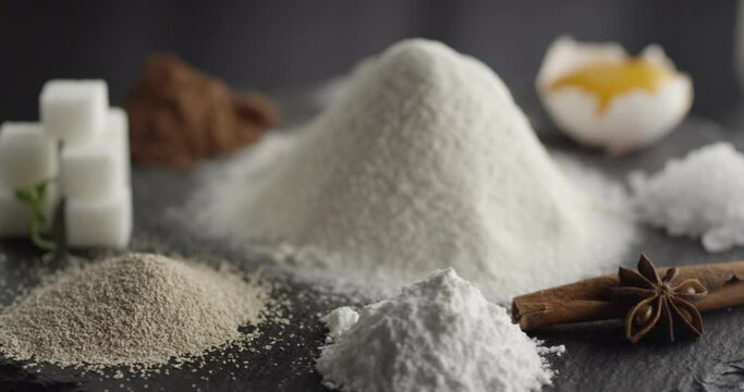 Ingredients spin in a circle flour cocoa egg sugar cinnamon soda yeast