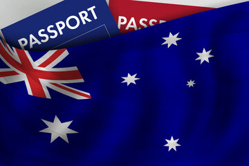 American flag background and passport of USA. Citizenship, official legal immigration, visa, business and travel concept.