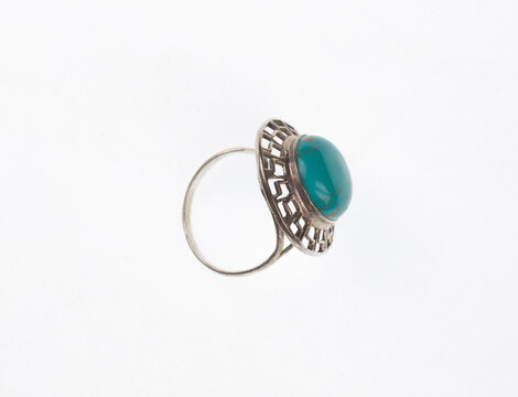 vintage silver ring with turquoise stone isolated on white background