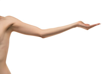 Young woman's stretched skinny arm and open palm holding imaginary product. Isolated on white background