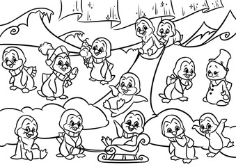 Cheerful penguins holiday winter vacation clipart cartoon illustration coloring page