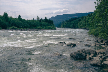 Gudbrandsdalslågen River by Hunderfossen, Oppland, Norway.