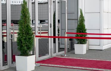entrance to the building with a red carpet, with thuja tree in a pot 