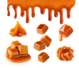 Set of caramel cubes, caramel drops and caramel sauce. Dripping caramel drops of sweet sauce isolated on white background - obrazy, fototapety, plakaty