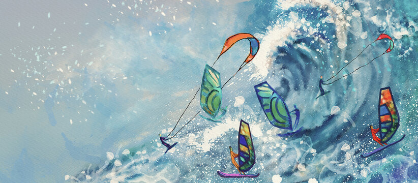 Ocean, Extereme Sport. Watercolor design background