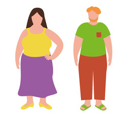 Flat cartoon illustration of overweight woman and man. Plus size person male and female characters. Body positive . I love my body. Adults with overweight problems. Isolated on a white background.	