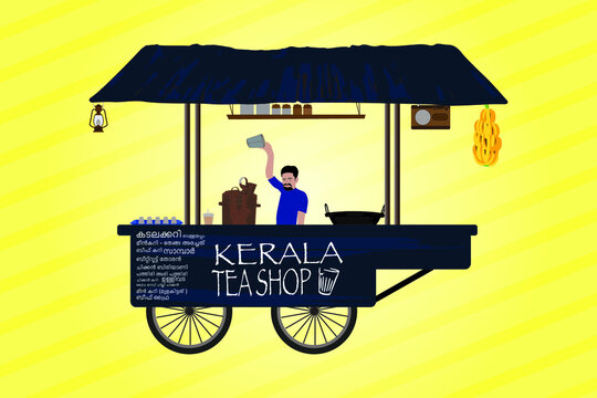 Indian kerala tea shop drawing illustration vector.( chayakada on  Malayalam translation )