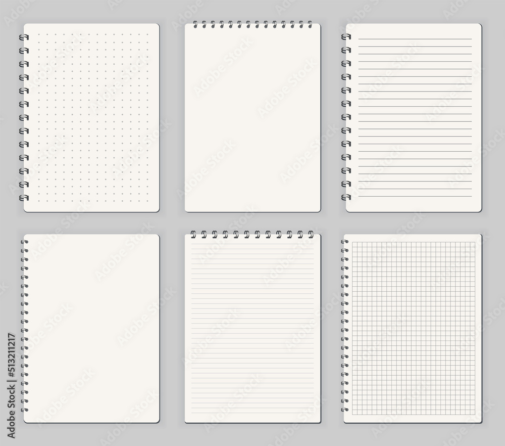 Poster notebooks lined dots. sketchbook blank pages with variety view. notepad vector isolated mockups. bla