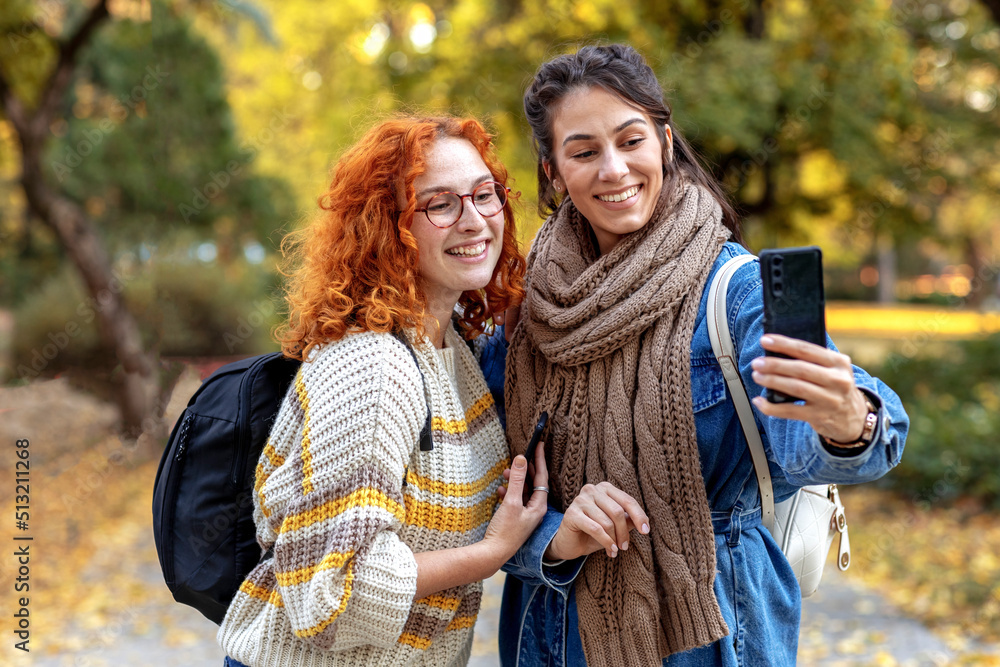 Wall mural two friends woman in park taking selfie by mobile phone and smile