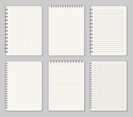 Notebooks lined dots. Sketchbook blank pages with variety view. Notepad vector isolated mockups. Blank mock up with shadow. Art design clean spiral notepad blank templates