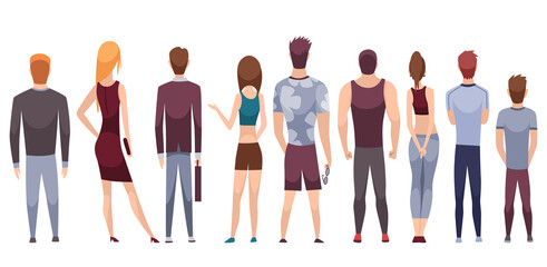 People characters back view. Young human persons. Vector peoples standing illustration. Cartoon man and woman. Adult peoples from behind. Female and male characters in casual outfit