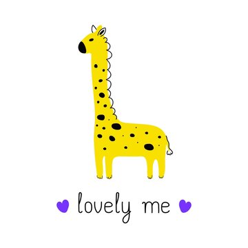 Cute cartoon giraffe,with lettering Lovely me. Modern flat vector style