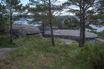 Kristiansand, Norway - May 28, 2022: Fort Odderoya, built 1667-1914, played a major role in battle of Kristiansand on 9 April 1940. It was heavilly bombarded by naval fire and Stukas. Selective focus.