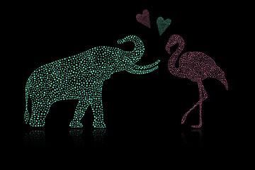 Silhouette of an elephant and a flamingo and a heart with polka dots. Turquoise colors. With reflection isolated on black background.