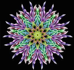 Abstract intricate symmetrical floral ornament. Fantastic fractal mandala. Psychedelic digital art. 3d rendering.