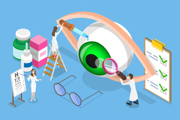 3D Isometric Flat Vector Conceptual Illustration of Eye Care, Ophthalmology Medicine, Optical Eyesight Examination