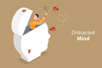3D Isometric Flat Vector Conceptual Illustration of Distracted Mind, ADHD Attention Disorder - obrazy, fototapety, plakaty
