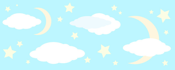 Blue sky wiith white clouds, yellow moon and stars. Seamless border.