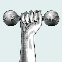 Engraved vintage drawing of a hand with a dumbbell