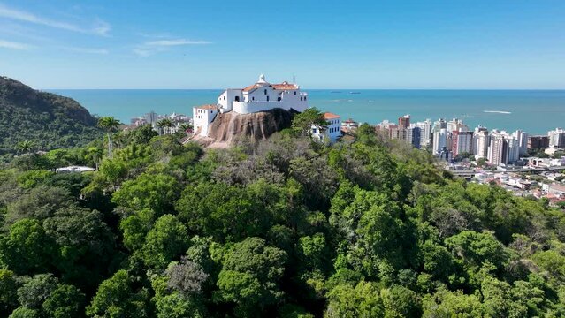 Penha Convent At Vitoria Espirito Santo Brazil. Capital City Downtown Landscape. Cityscape Of Capital City Architecture. Latin America Cityscape Aerial.