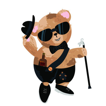 Teddy Bear In A Hat And Black Glasses With A Bottle Of Honey.