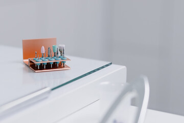 Dental tools close up, dentist tools on a medical table.