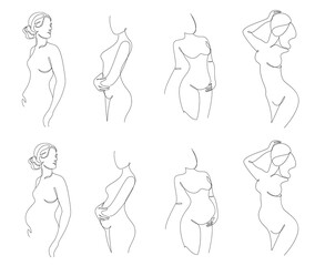 Collection. Slim girl silhouettes in modern single line style. The woman is pregnant. Solid line, outline aesthetic decor, posters, stickers, logo. Set of vector illustrations.
