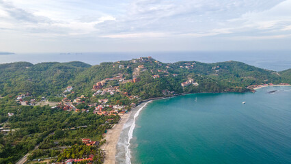 Panoramic drone arial view Summer 2022, Ixtapa Mexico, greatest blue deep sea