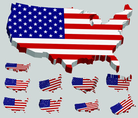 USA Map in vector art with the US Flag as texture in different 3D directions