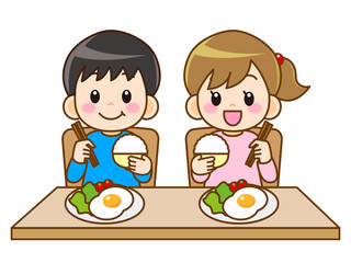 食事中の兄妹のイラスト素材＿ベクター