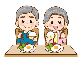 食事する高齢者の夫婦のイラスト＿ベクター