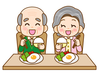 笑顔で食事する老夫婦の素材＿ベクター
