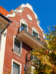 Zelenogradsk, Russia, June 11, 2022. Typical architectural ensemble in the area of ​​historical urban development. Fragment of facade of typical house