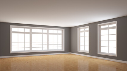 Corner of the Interior with Grey Walls, Three Large Windows, Light Glossy Parquet Flooring and a White Plinth. Perspective View. 3D rendering with a Work Path on the Windows. 8K Ultra HD, 7680x4320