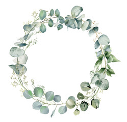 Eucalyptus wreath. Floral frame. Watercolor illustration isolated on white. Greenery clipart for wedding invitation, greeting cards, decoration, stationery design. Hand drawn green herbs © Nataliya Kunitsyna