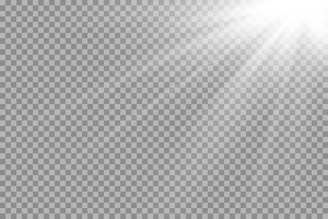 White glowing light explodes on a transparent background. with ray. Transparent shining sun, bright flash.	
