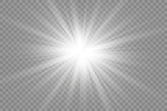 White glowing light explodes on a transparent background. with ray. Transparent shining sun, bright flash.	
